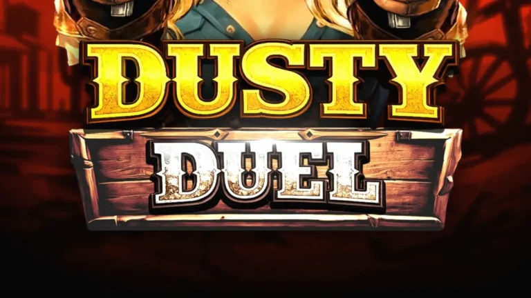 Tampilan visual slot Dusty Duel dengan latar belakang gurun dan simbol koboi.